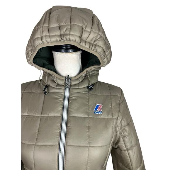 K-Way Denise St Thermo Reversible Down Zip Up Hooded Jacket Olive Green Sz Small - Picture 13 of 15